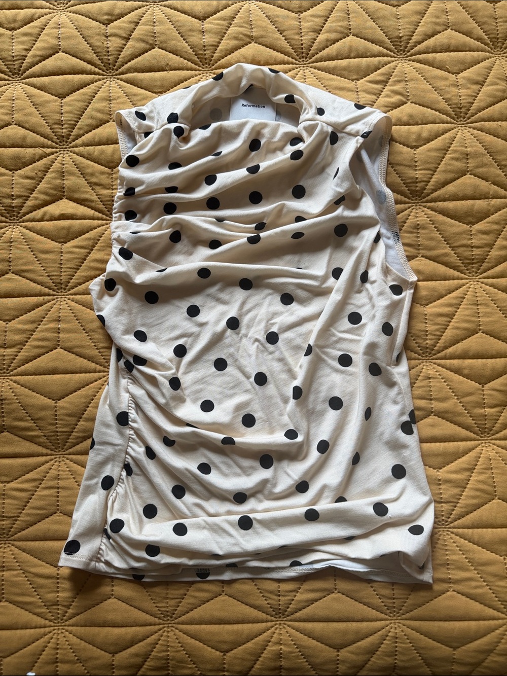 Reformation Cream Sleeveless Cowl Neck Top with Black Polka Dots